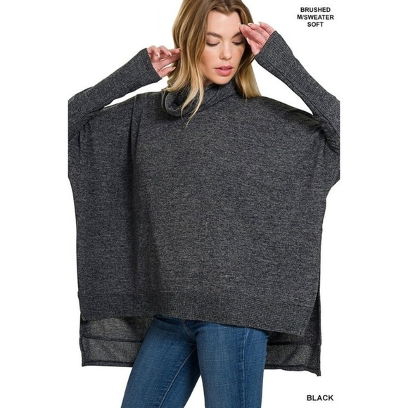 Oversized Sweater Women size Large Olive Green Turtleneck Hi Low hem Loose Fit - Picture 1 of 12